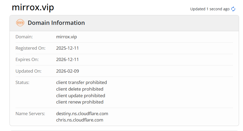 The mirrox.vip domain is registered on December 2025.
