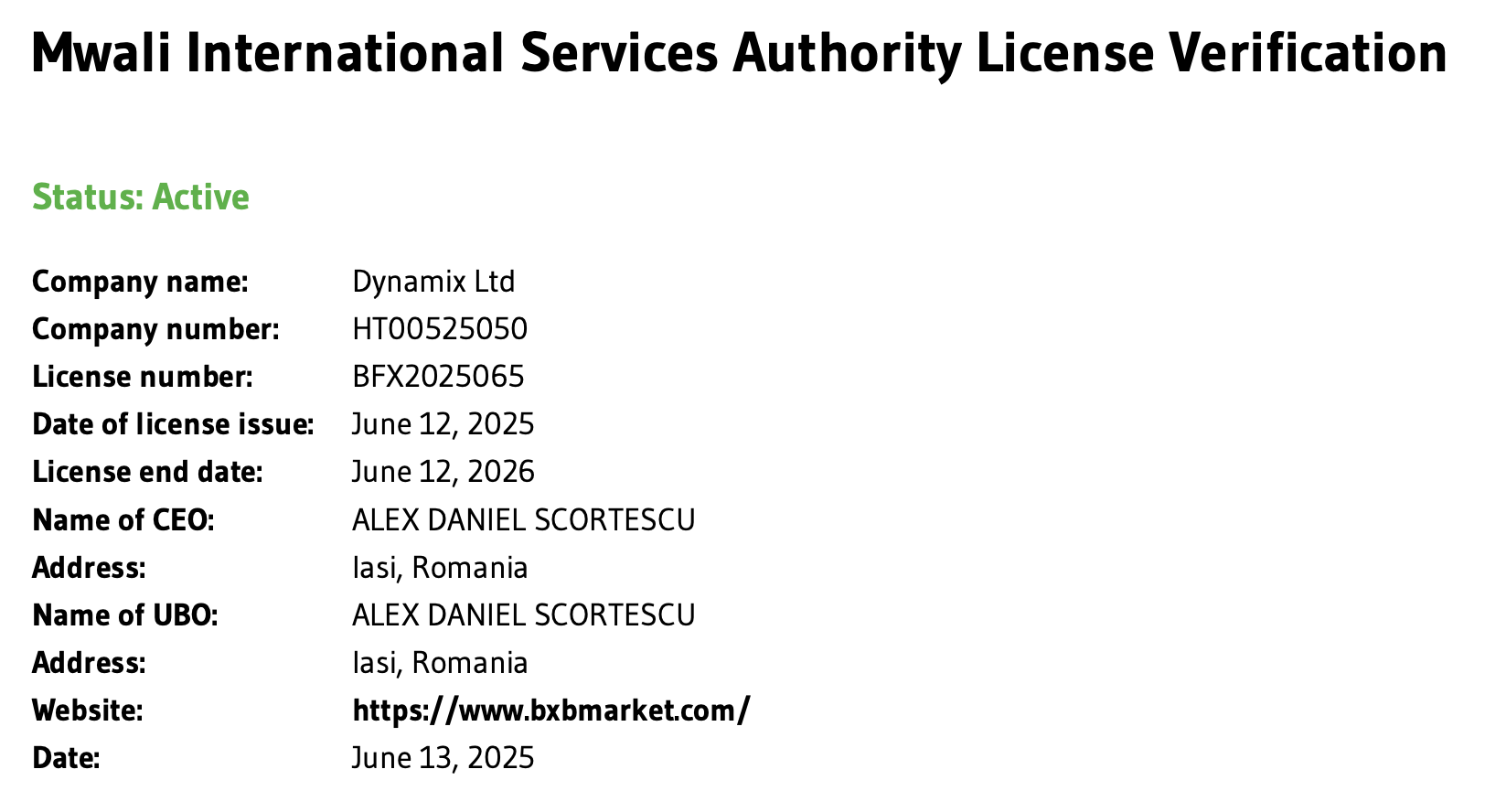 The broker is licensed by the MISA regulator