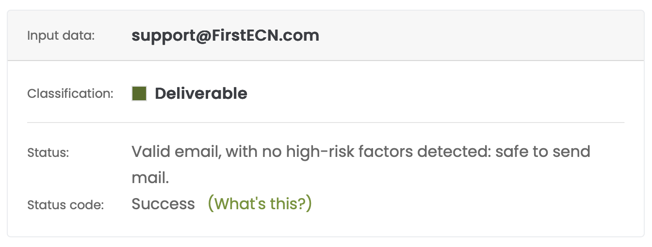 An email verification check confirms that the FirstECN email address is genuine
