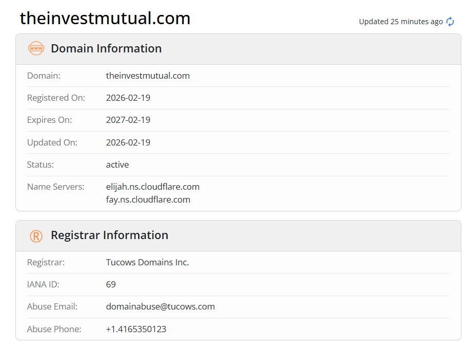 The theinvestmutual.com website was created in February 2026.