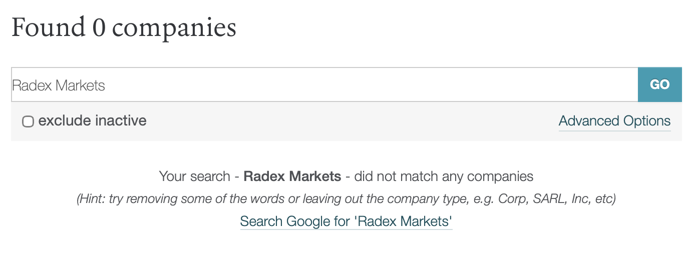 The Radex Markets company lacks formal legal registration.