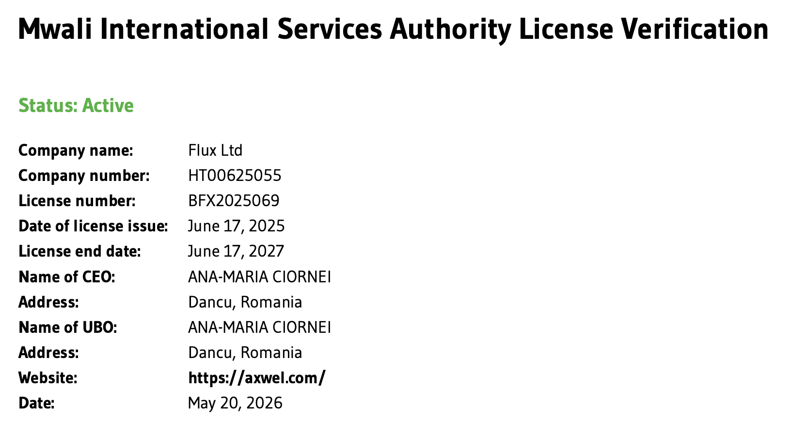 Axwel holds a valid regulatory licence.