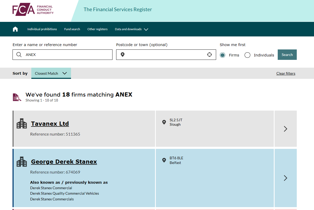 A search of the FCA Financial Services Register returns eighteen unrelated firms and no trace of ASTNEX or Anex Management Ltd