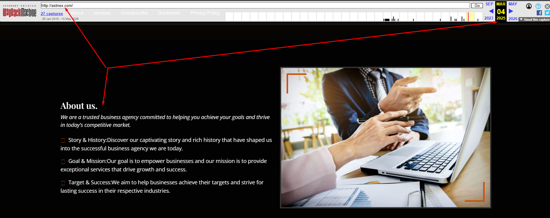 The Wayback Machine shows the astnex.com website in March 2025 as a generic business agency page with an unsubscribe link, not a broker