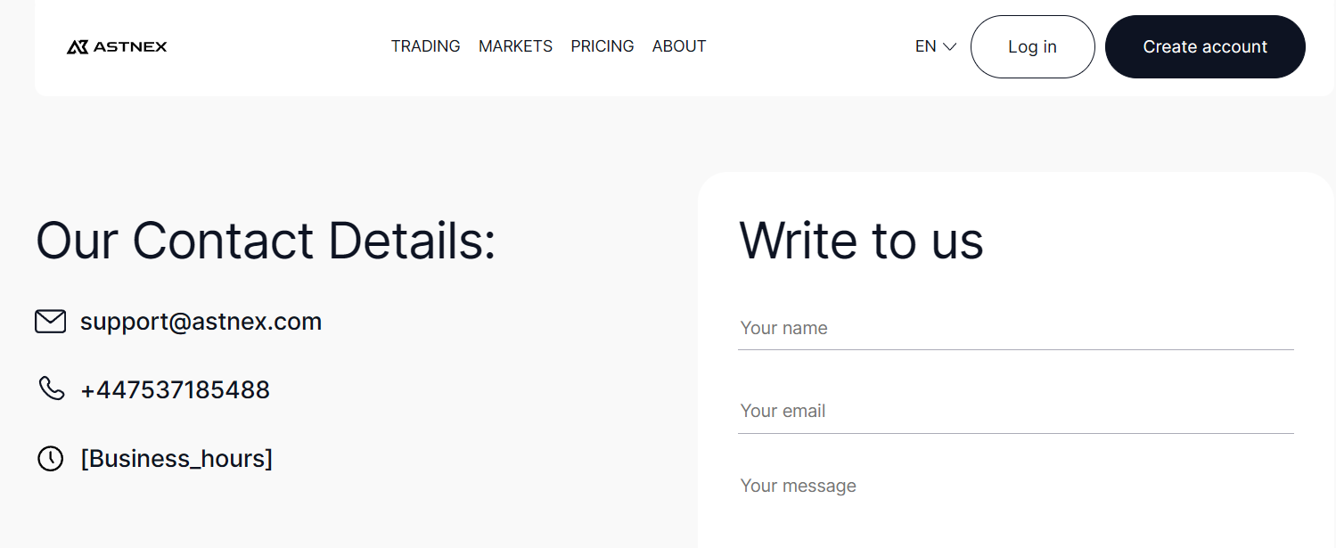 The contact page offers a single UK mobile, one email address, and opening hours left as an unfilled template variable