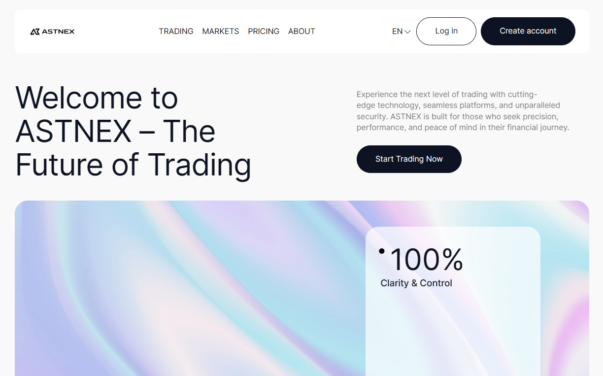 A polished homepage promises the future of trading and one hundred per cent clarity without naming a company, a licence, or a country