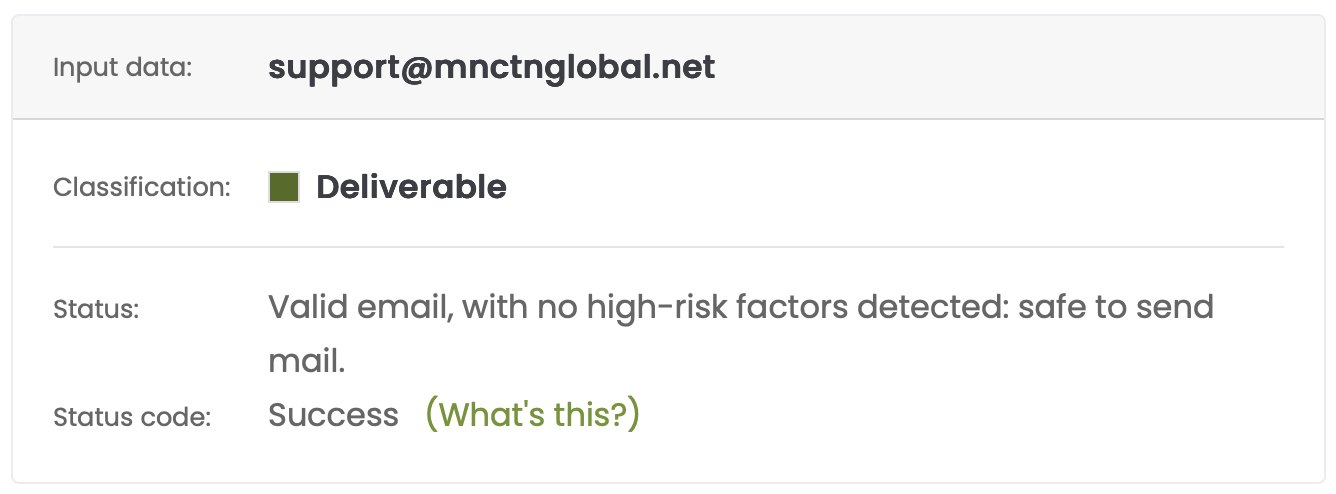 Email verification confirms the authenticity of the MNCTNglobal address.