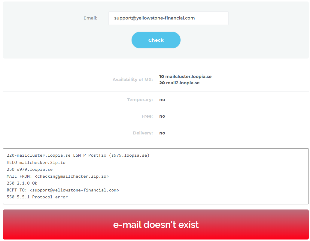 A mail-server check on support@yellowstone-financial.com fails with a delivery error — the broker's published support address does not exist