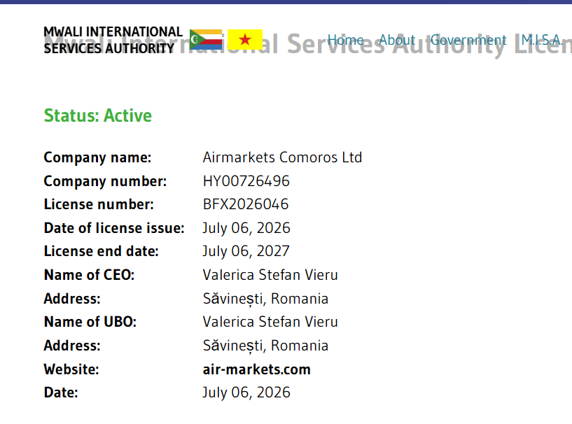 The Mwali regulator's verification page confirms an active Airmarkets licence issued in July 2026 and valid until July 2027
