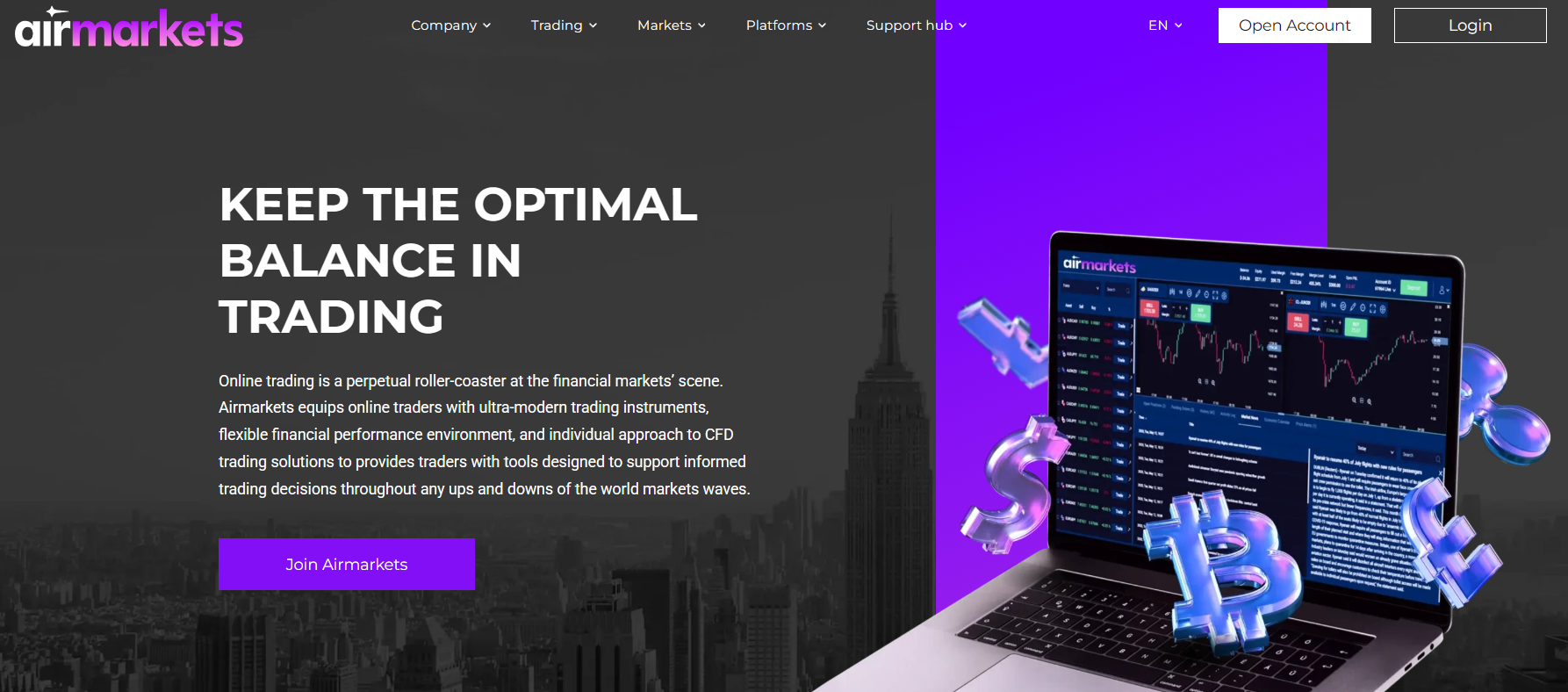 The Airmarkets homepage greets visitors with a clean dark-and-violet design, a short brand intro and a clear button to join