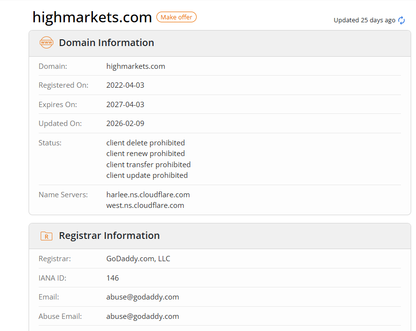 Information regarding the highmarkets.com website and its registration period.