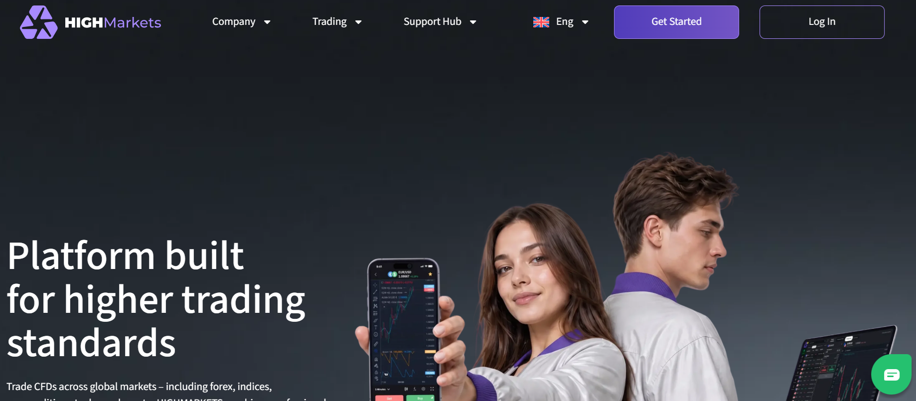 The HighMarkets official website, featuring information on trading conditions, account types, and available services.